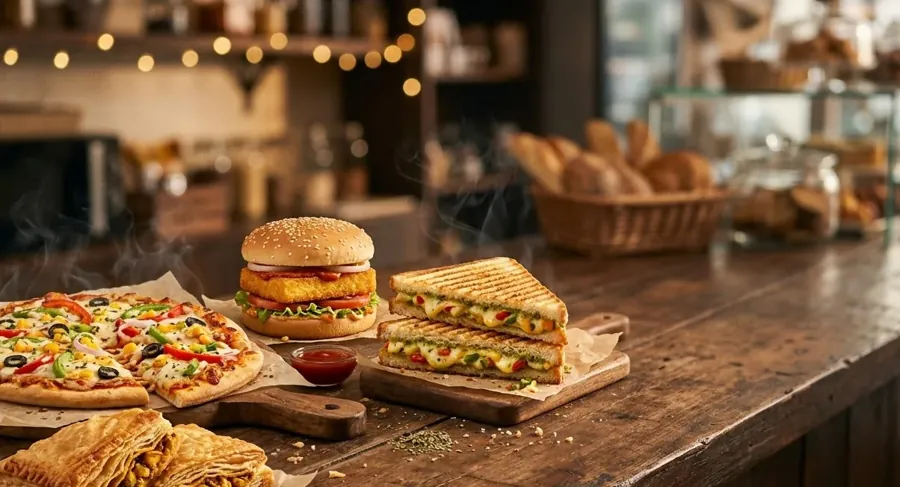 Hot pizza, burger, sandwiches and patties
